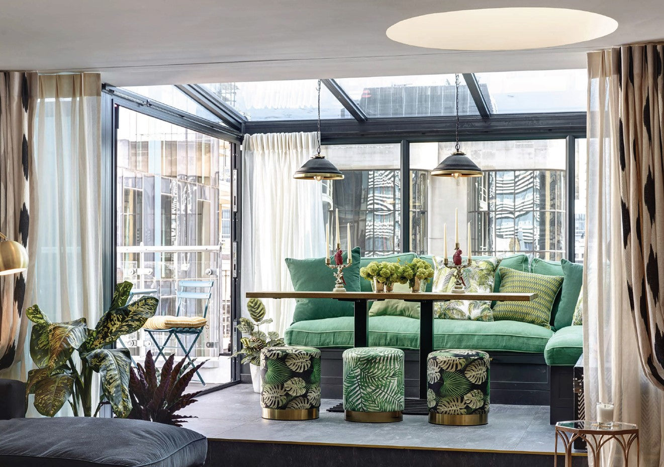 Modern penthouse apartment with sheer curtains in a conservatory, and abstract curtains using Christian Fischbacher fabric