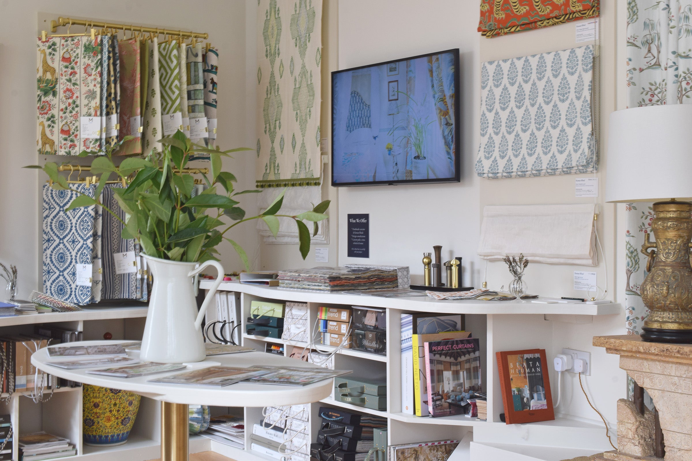Roman blind display wall in Dartmouth showroom