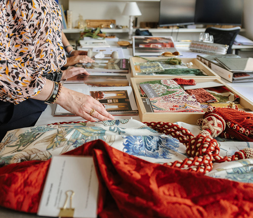 Looking at fabric samples in the showroom