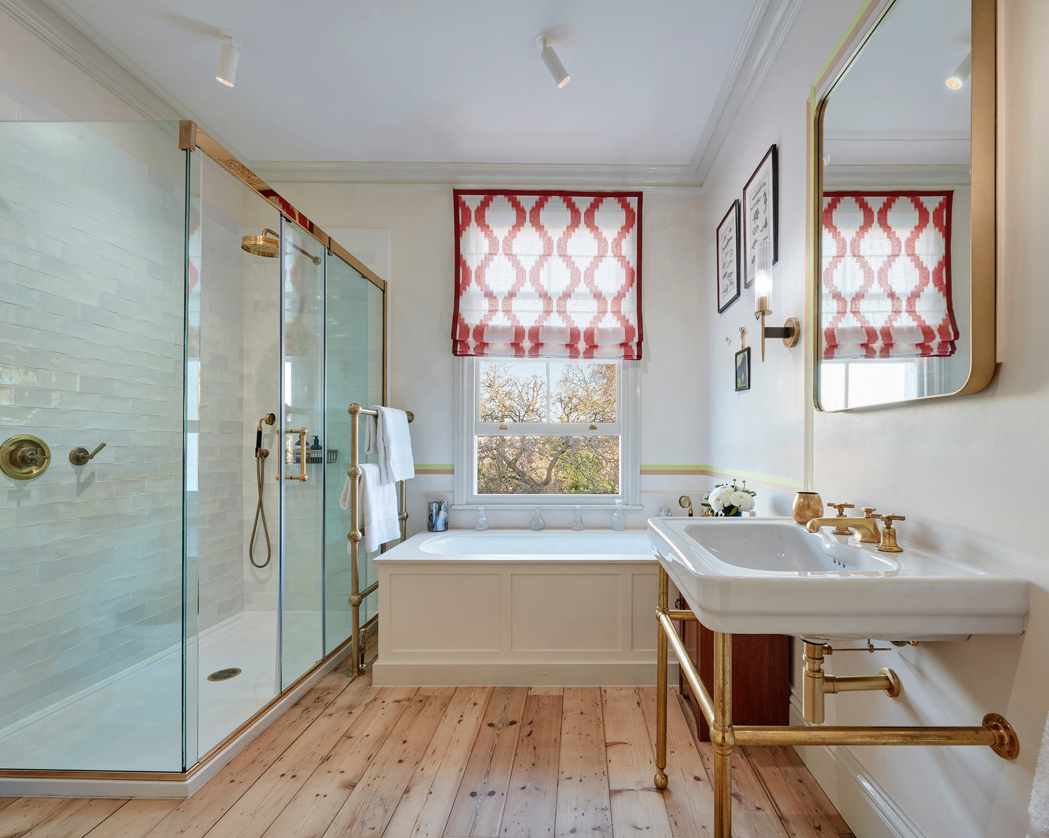 Sheer roman blind in traditional English bathroom