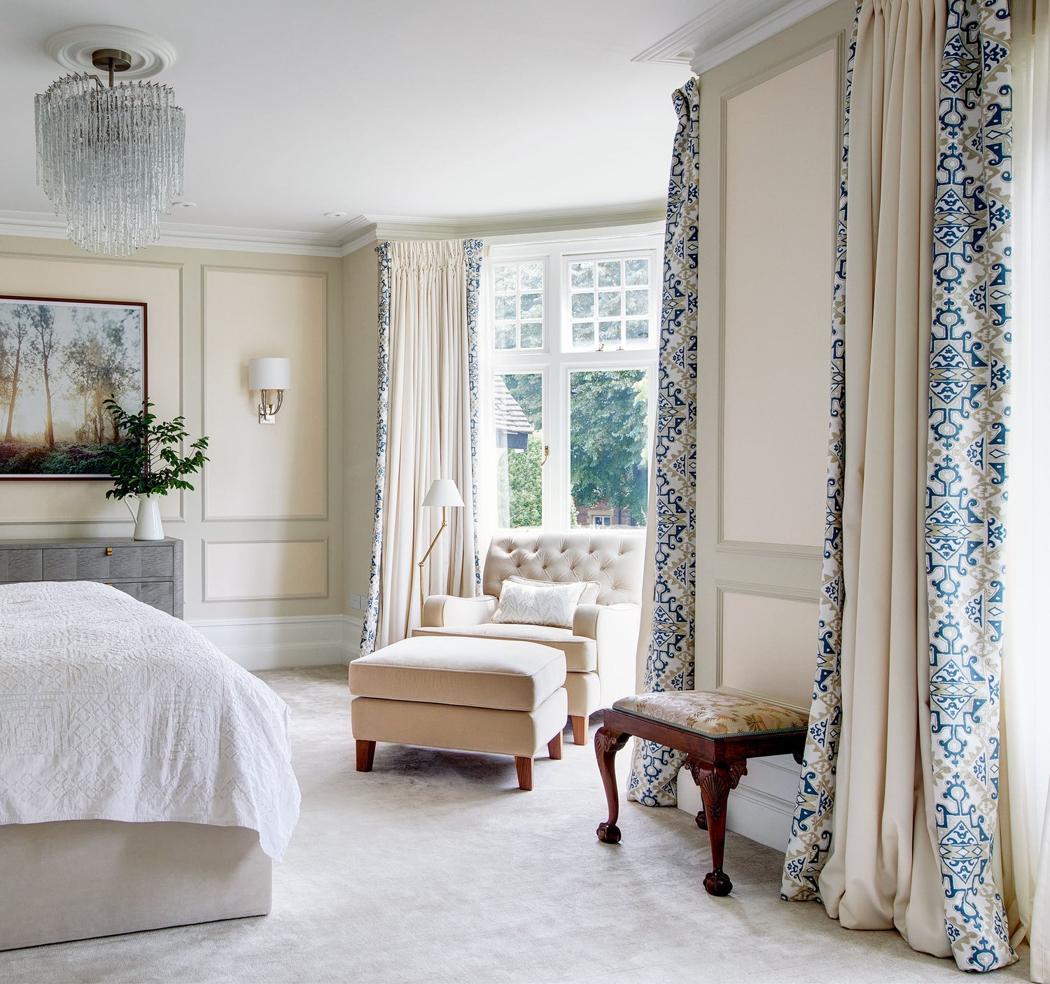 Beautiful interlined bedroom curtains with embroidered border from Fabricut, by Max Buston