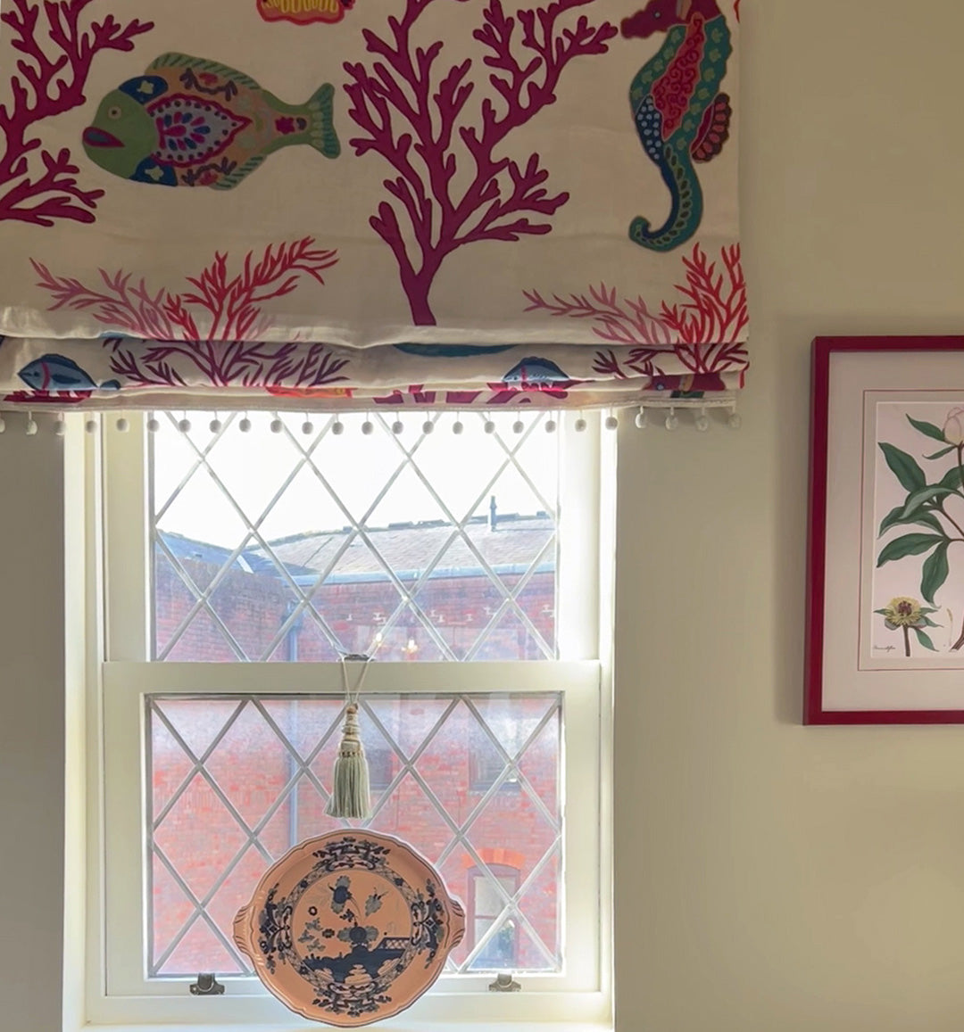 Caraibes Coral fabric from Pierre Frey using in Roman Blind by Max Buston 