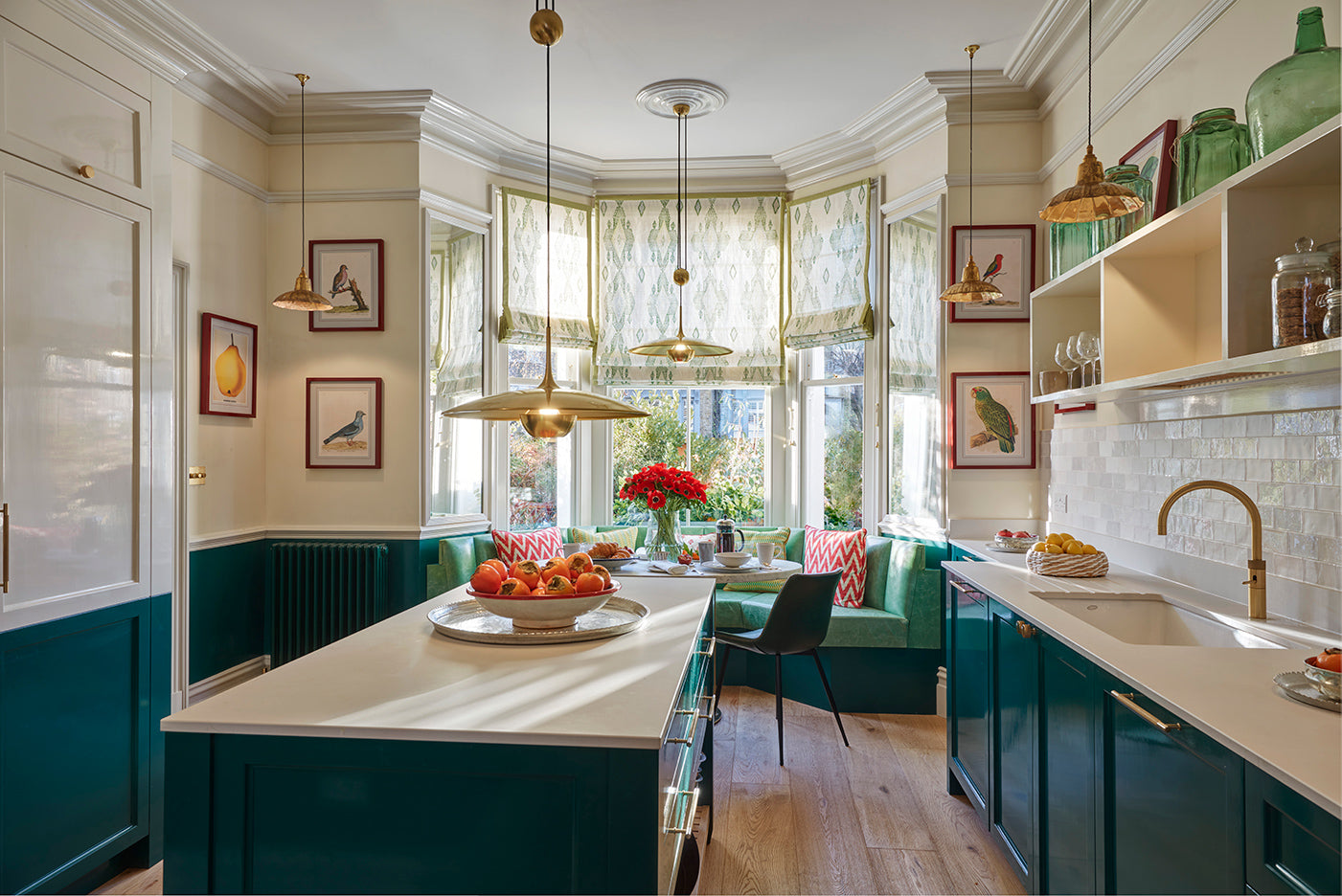 Kitchen with Christopher Farr fabric used in Roman Blinds by Max Buston