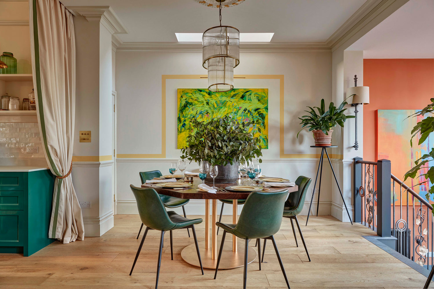 Modern dining room with octagonal table and plain room divider curtains