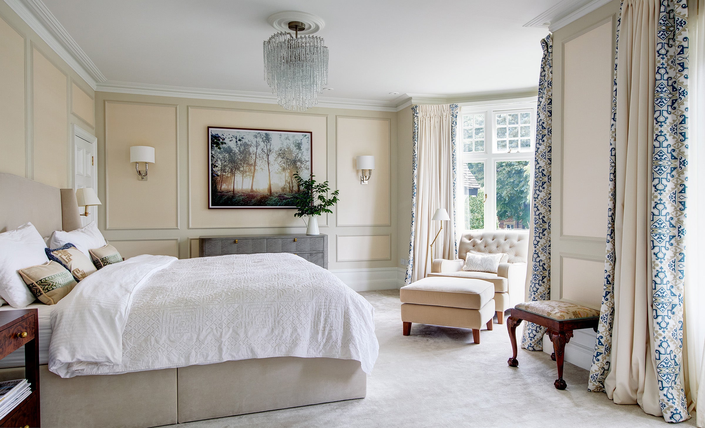 Master bedroom bay window curtains in soft neutrals, elegant and opulent, with blue details